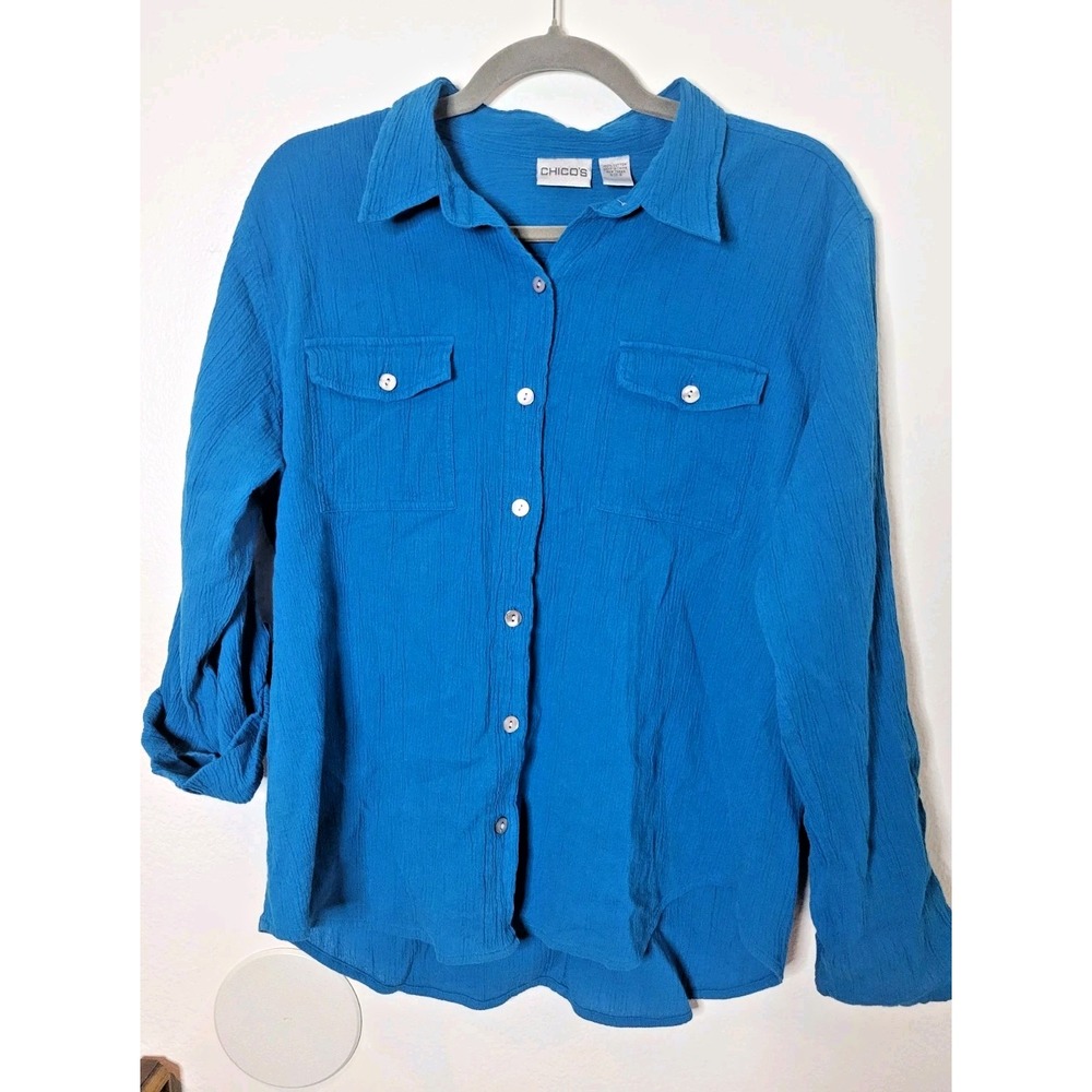 Chico's Turquoise Blue 100% Cotton Gauze Shell Button Up Long Sleeve Shirt Sz 2